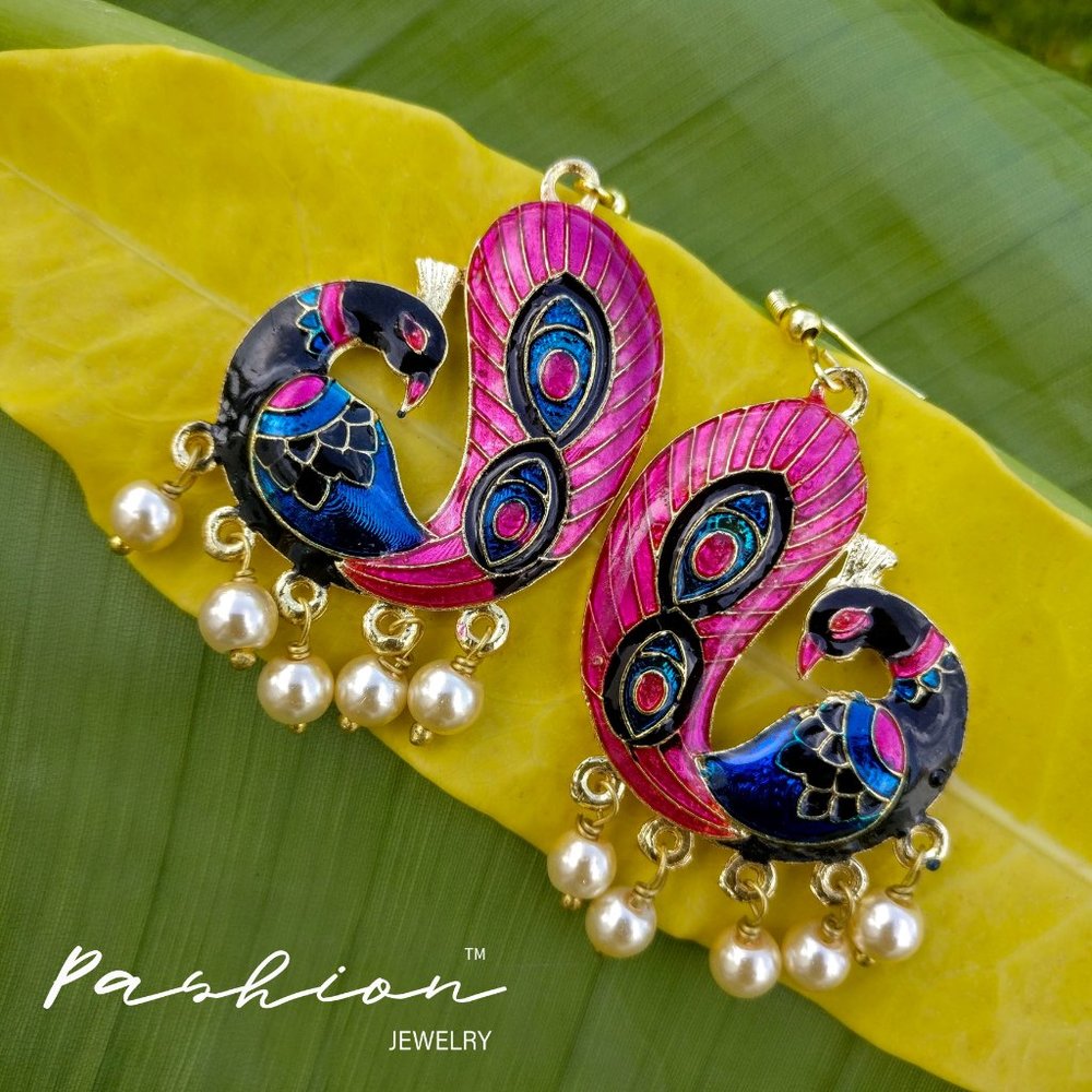 Peacock Pink/ Blue Deco Enamel Statement Earrings